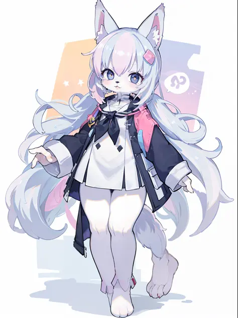 anime character with a cat and a cat - like outfit with a bow, female furry mini cute style, white cat girl, fullbody commission...