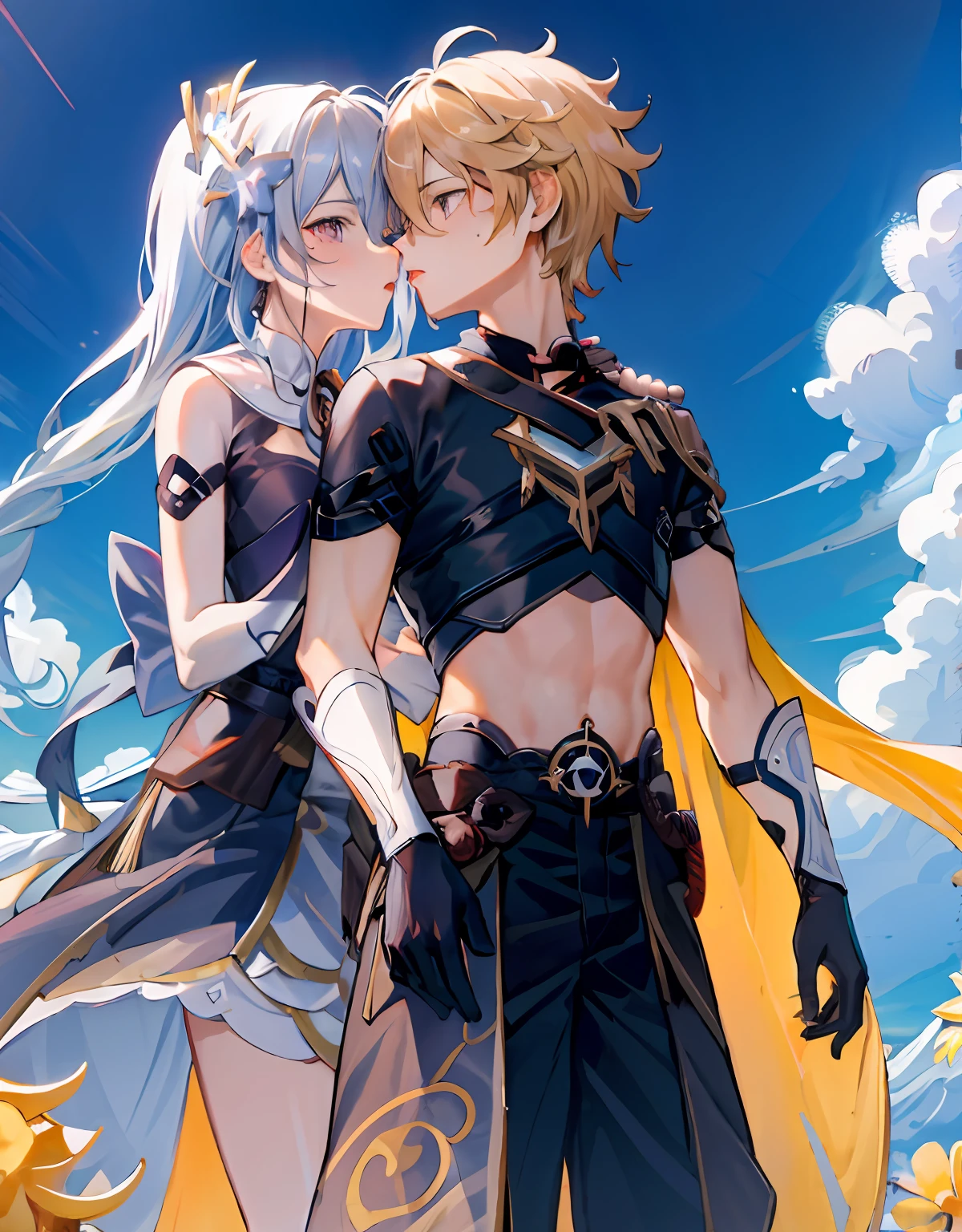 anime couple, aether and raiden shogun kissing, soft kiss, 1boy 1girl, cute, loving, peck, detailed faces, detailed hair, masterpiece, best quality, aether yellow hair\(genshin impact\), {{{masterpiece, electricity:1.4, pixiv fantasia}}},pov, raiden shogun, long hair, large hair, purple hair, multicolored hair, kimono, hair ornament, hair flower, purple eyes, parted lips, expressionless, looking at viewer, dynamic pose, large breasts