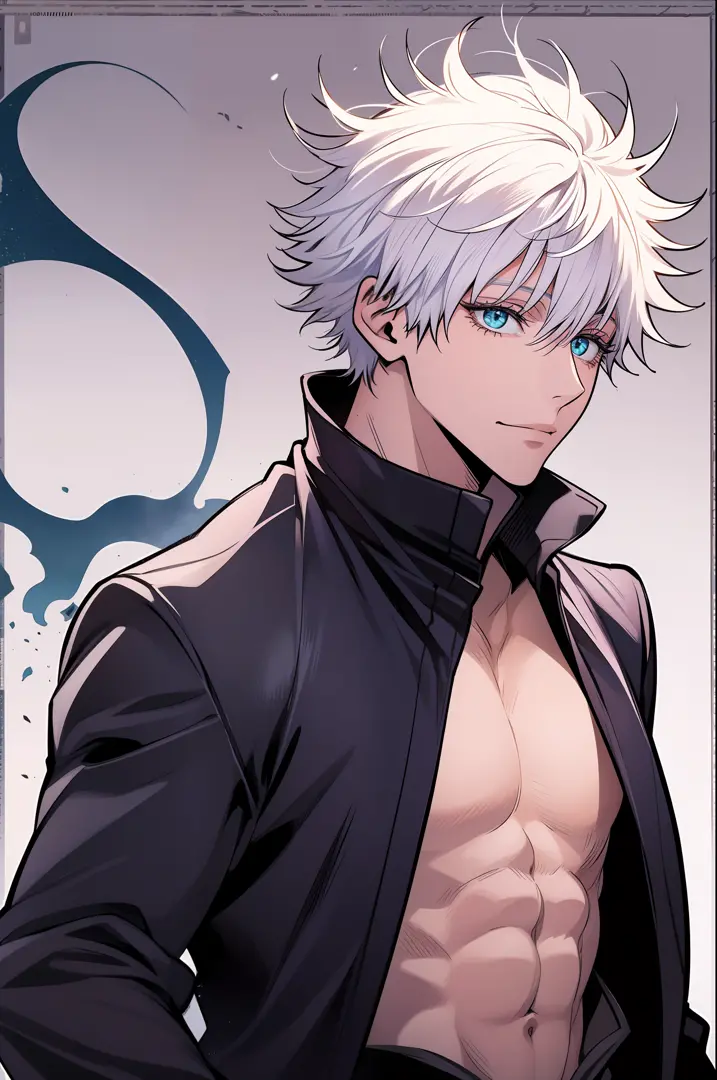 Messy white hair, aquamarine eyes, white eyelashes, jujutsu kaisen, Gojo Gojo, black costume, jujutsu kaisen,