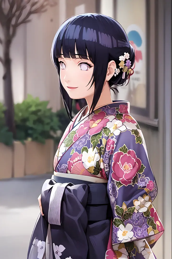 hakama skirt, 1girl, solo, outdoor, cute japanese model girl, floral print, hair ornament, kimono, hakama, bangs, masterpiece, b...