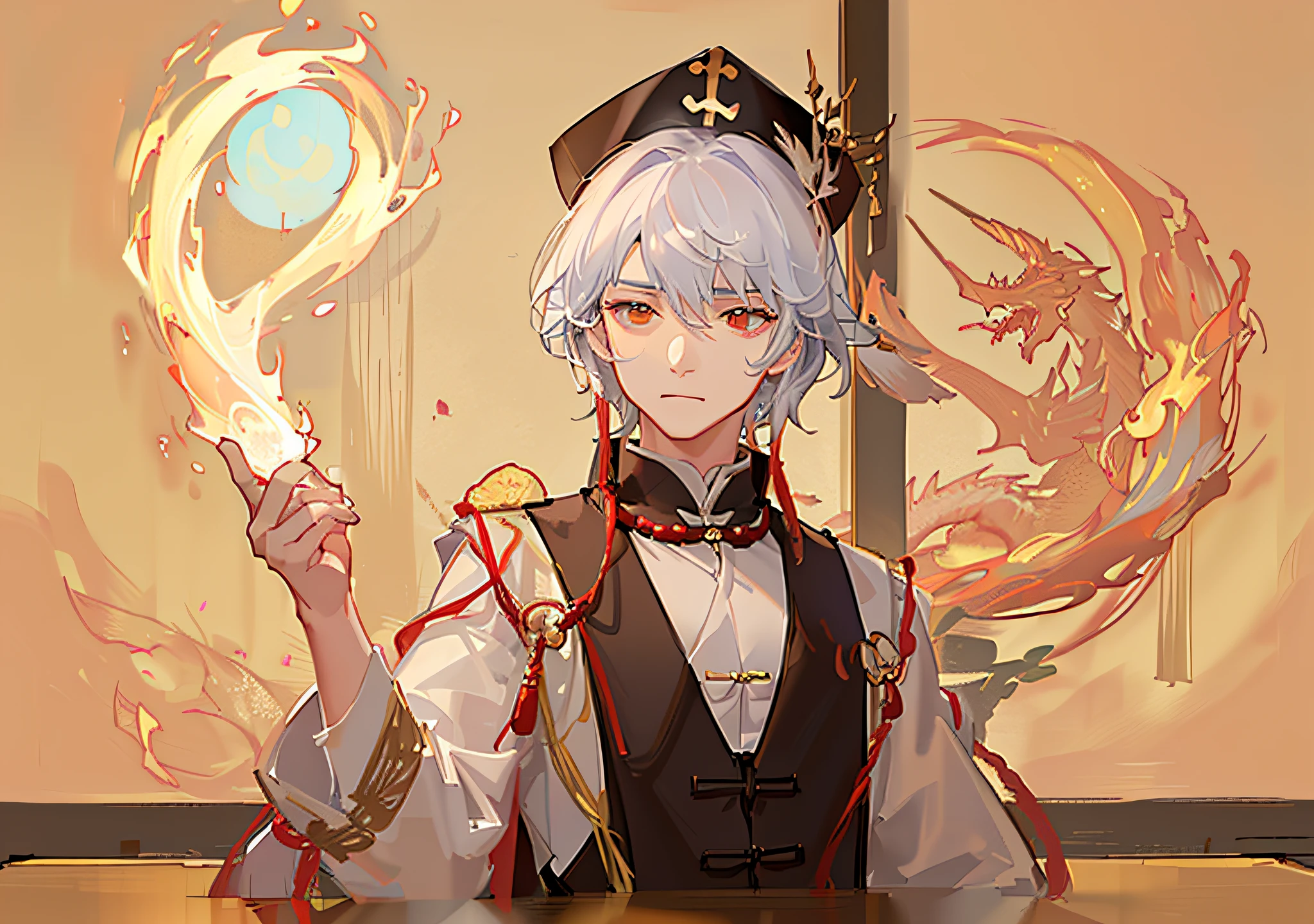 There was a Taoist priest holding a burning talisman paper in his hand,  He is casting a spell, Taoist cap，Taoist uniform，The background is a dragon hidden in the clouds