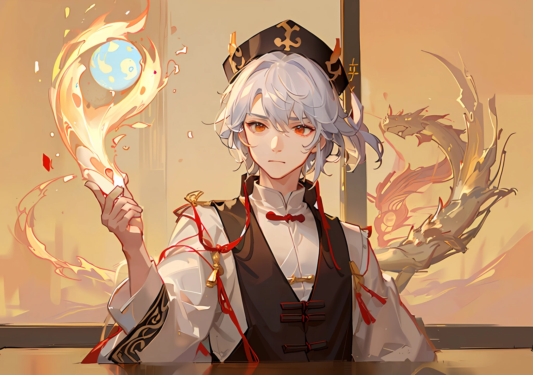 There was a Taoist priest holding a burning talisman paper in his hand,  He is casting a spell, Taoist cap，Taoist uniform，The background is a dragon hidden in the clouds