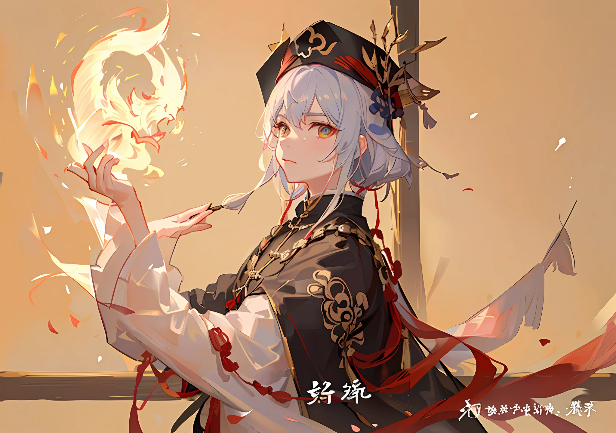 Havia um padre taoísta segurando um papel talismã em chamas na mão,  Ele está lançando um feitiço, Boné taoísta，uniforme taoísta，O fundo é um dragão escondido nas nuvens