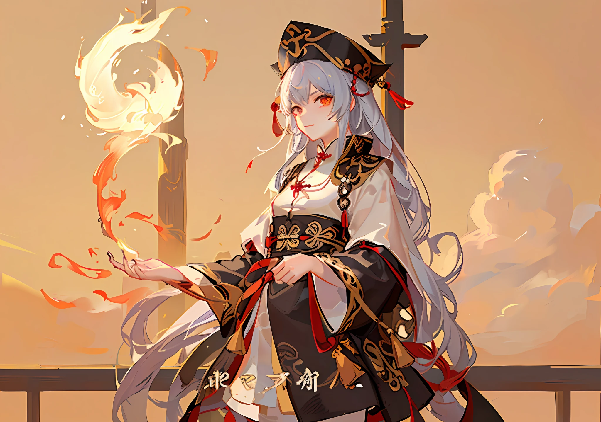 There was a Taoist priest holding a burning talisman paper in his hand,  He is casting a spell, Taoist cap，Taoist uniform，The background is a dragon hidden in the clouds