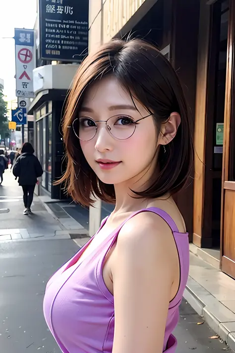 8K、Raw photography、beste Quality、巨作、Realstic、photorealestic、Woman posing on street corner in lilac clothes、1 persons、独奏、(HugeBoo...