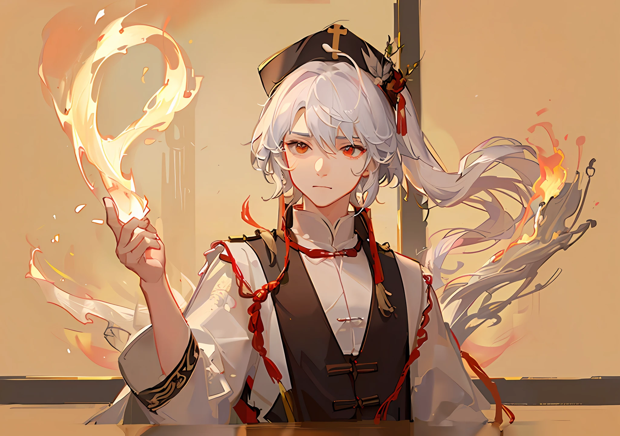 There was a Taoist priest holding a burning talisman paper in his hand,  He is casting a spell, Taoist cap，Taoist uniform，The background is a dragon hidden in the clouds