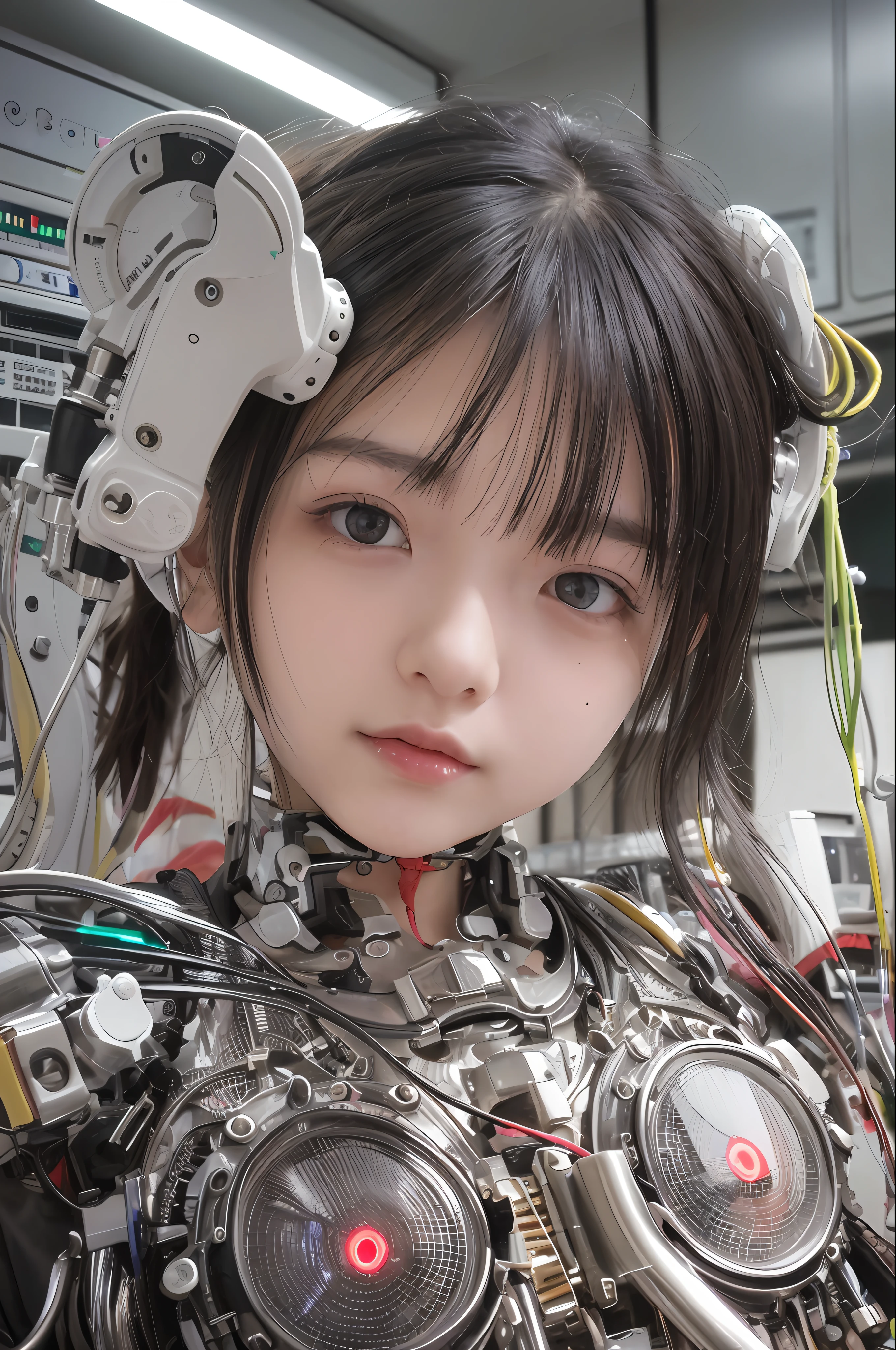 A close up of a woman with a robot head and a machine - SeaArt AI