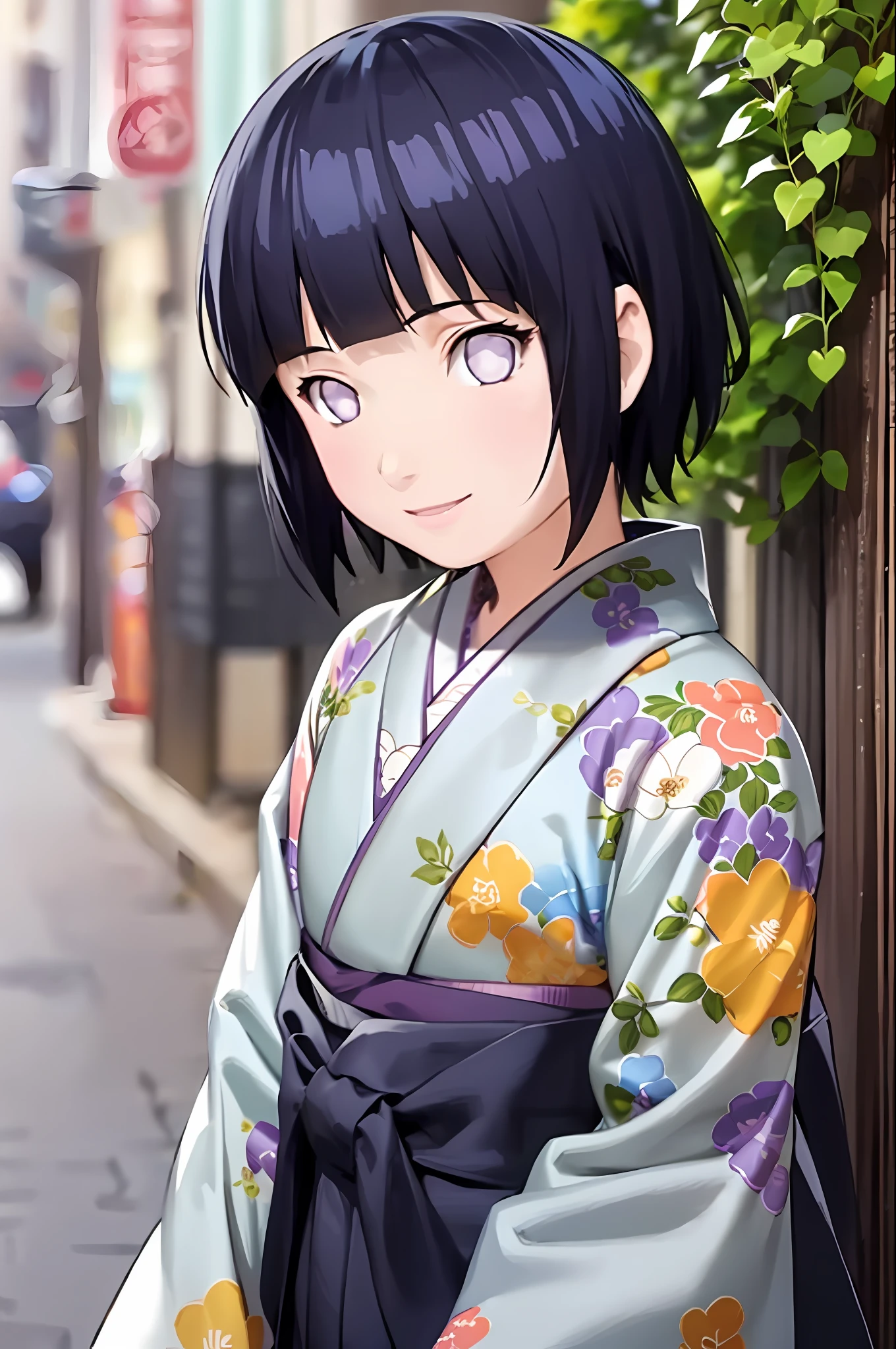 hakama skirt, 1girl, solo, outdoor, cute japanese model girl, floral print, hair ornament, kimono, hakama, bangs, masterpiece, best quality, purple eyes, dark blue hair, pixie short hair, blunt bangs, smile, cute, pretty, beautiful, detailed character, hinata, , toddler, small, chibi