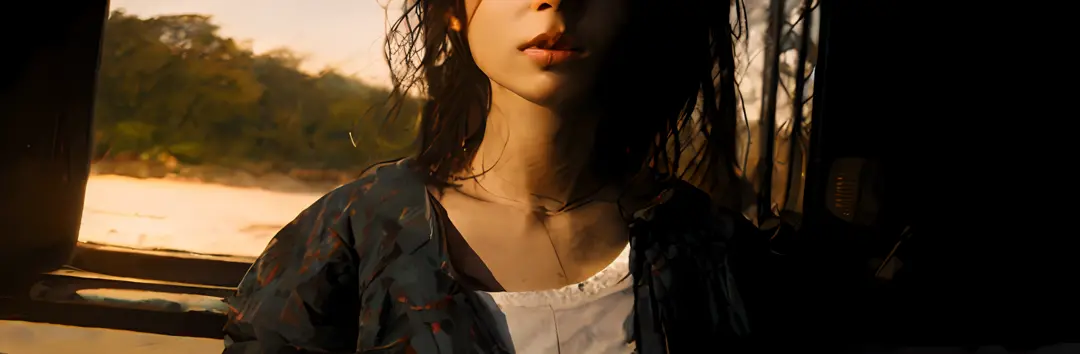 There is half body of intelligent Japan teenage woman illuminated by the light of the setting sun、With a well-formed hairstyle、With beautiful black hair、Only half of her face is visible、Very high quality images、It has a beautiful lofi sophisticated atmosph...