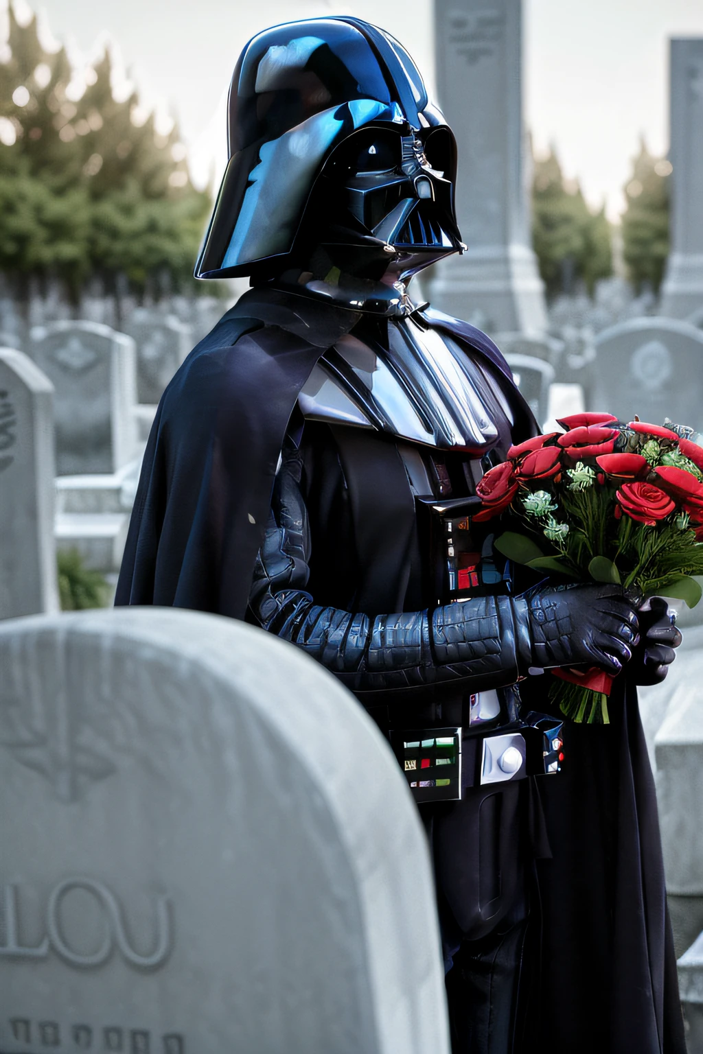 darth_vader (holding a bunch of flowers) at a graveyard, 8K Texture, 8K, insane details, intricate details, hyperdetailed,Ultra detailded,Realistic,soft cinematic light,HDR,Sharp Focus, ((cinematic look)),intricate