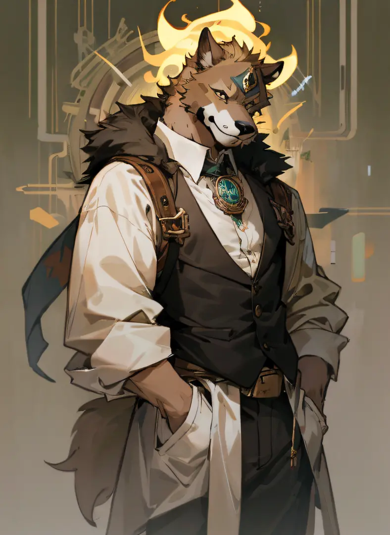 steam-punk、man with a dog face, Dog, light brown fur, caramel, drooping ears, closed expression,watch、Clockwork、 dark blonde, Fu...