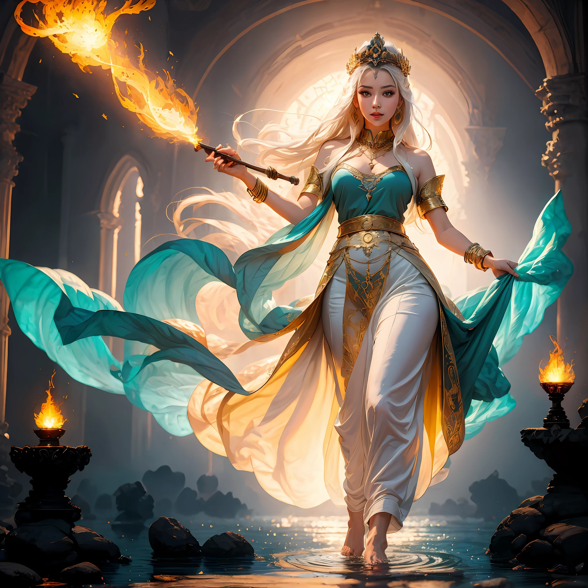 A woman in bizarre costume holding a fiery wand，Full close-up, Standing barefoot in a disc on the water，A ring of fire around，The background is in the mysterious palace，Tall buildings，Unusually towering，Mysterious light，Mysterious atmosphere，oil lamp，Red flames behind him，Art germ on ArtStation Pixiv, Goddess of Light, IG model | Art germ, anime goddess, beautiful celestial mage, white haired deity, cushart krenz key art feminine, a beautiful fantasy empress, concept arts | Art germ, Artgerm style