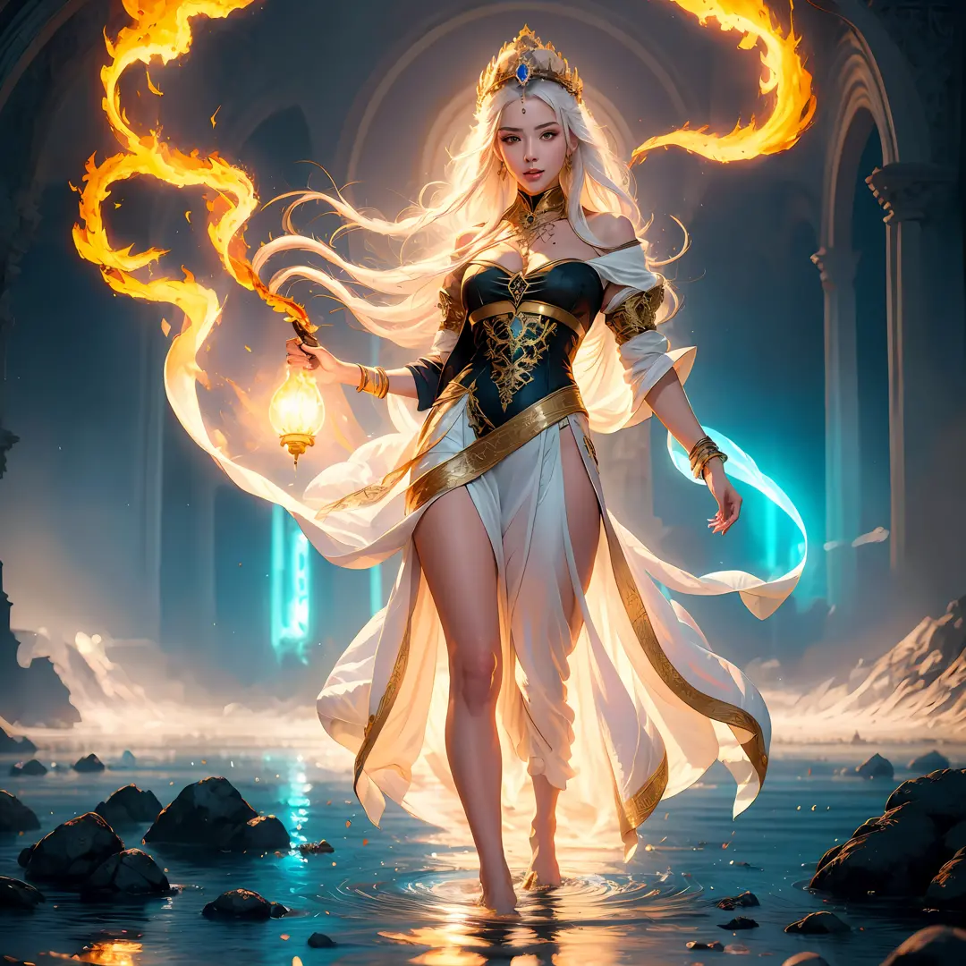 A woman in bizarre costume holding a fiery wand，Full close-up, Standing barefoot in a disc on the water，A ring of fire around，Th...