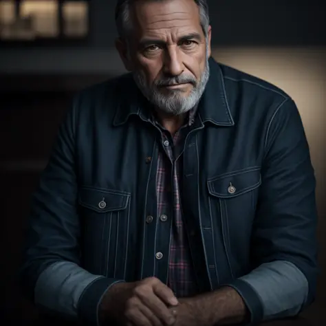 Portrait of a middle-aged man, face skin detalados, wrinkles of expressionbeard gray lumberjack style, raw leather jacket, plaid...