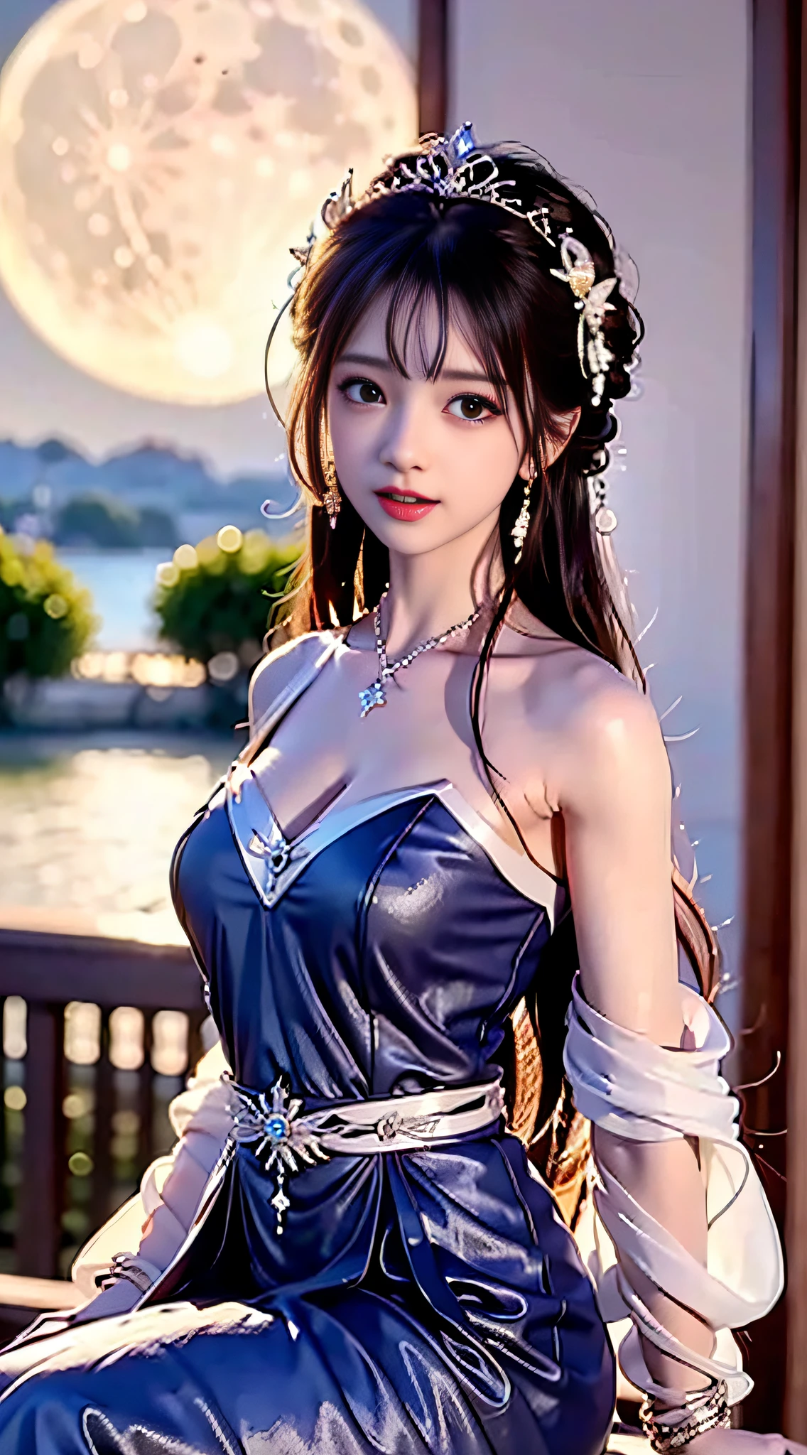 moon, moonlight, full moon, night, dark blue sky, violet, lilac dress, long skirt on chest, long black hair, long hair and waist, beautiful maiden, god, divinity, white tiara, sitting on railing, hair, slanted bangs, headband, hair ornament, forehead gemstone, paulai's jewel branch, crescent hair ornament, fish hair ornament, god ray, glitter, cinematic lighting, lens glare, uhd, high detail, high quality, high resolution, best quality, 8K, 16K, high detail, high quality, high quality, super detail, Anatomically correct, masterpiece, ccurate