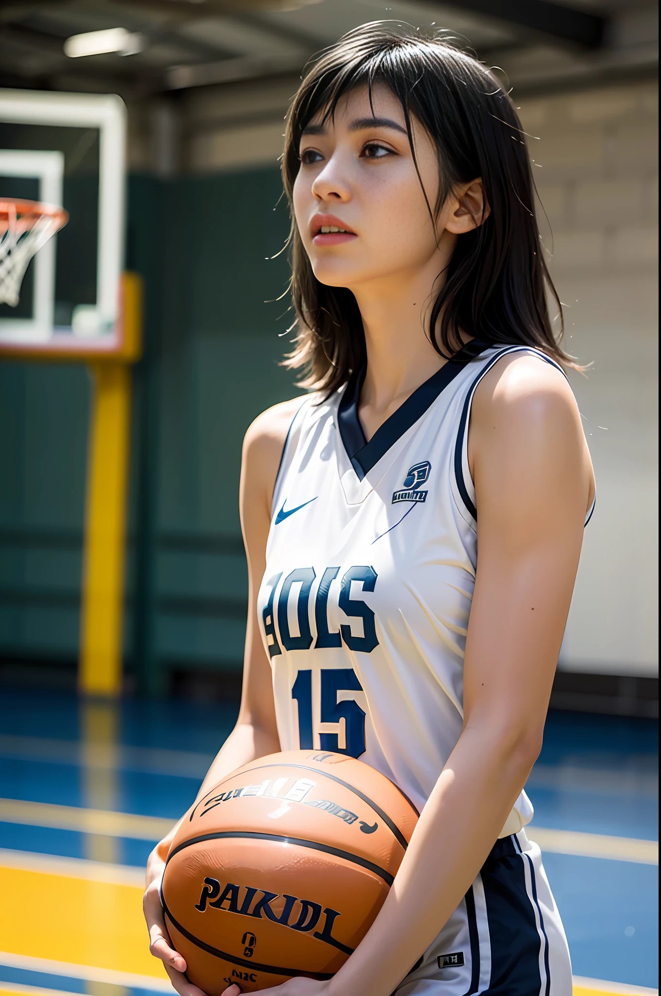 (8k, Best Quality, Masterpiece: 1.2), (Realistic, Photorealistic: 1.37), Super Detailed, Best Quality, Super High Resolution, Professional Lighting, Photon Mapping, Radiosity, Physically Based Rendering, Cinematic Lighting , basketball court, depth of field, focus, sun rays, good composition, (bokeh: 1.2), 1 girl, (whole body), (closed mouth), beautiful eyes, pose, constriction, basketball uniform, black hair , messy hair, long hair blowing in the wind,(ulzzang-6500:1.2) mix4, hiqcgbody