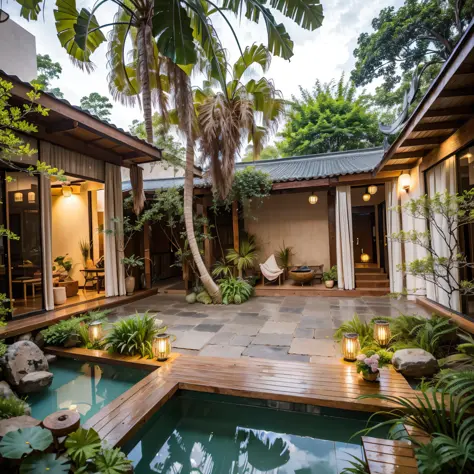 ，masterpiece, best quality，8k, ultra highres，Step into this Thai-style courtyard，You feel like you're in the rainforest of South...