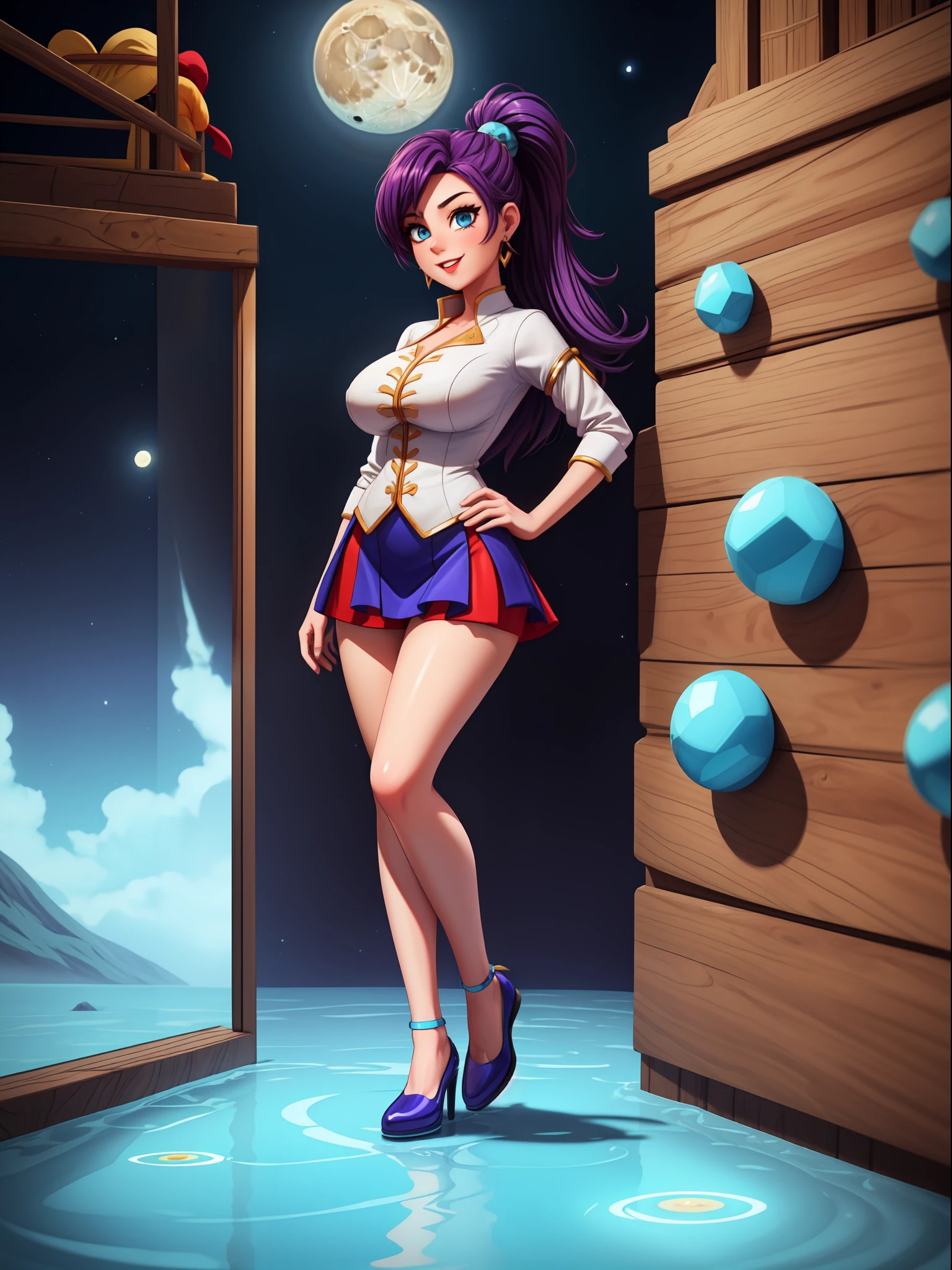 ((cuerpo completo):1.5), 1 mujer, Agotador {((Disfraz de Saidor Moon, blanco con partes azules, red corto skirt, cuerpo extremadamente apretado):1.2)}, tiene {pechos extremadamente gigantescos}, {she tiene purple hair, corto, mohicano, blue eyes}, ella está mirando al espectador, {mirada de puro placer, Expresión adulada de puro placer, {Ella está apoyada contra un poste, Posar eróticamente al espectador}, {fondo: Yate muy elegante lleno de gente}, 16k, alta calidad, Alto detalle, HD,EnvyMix