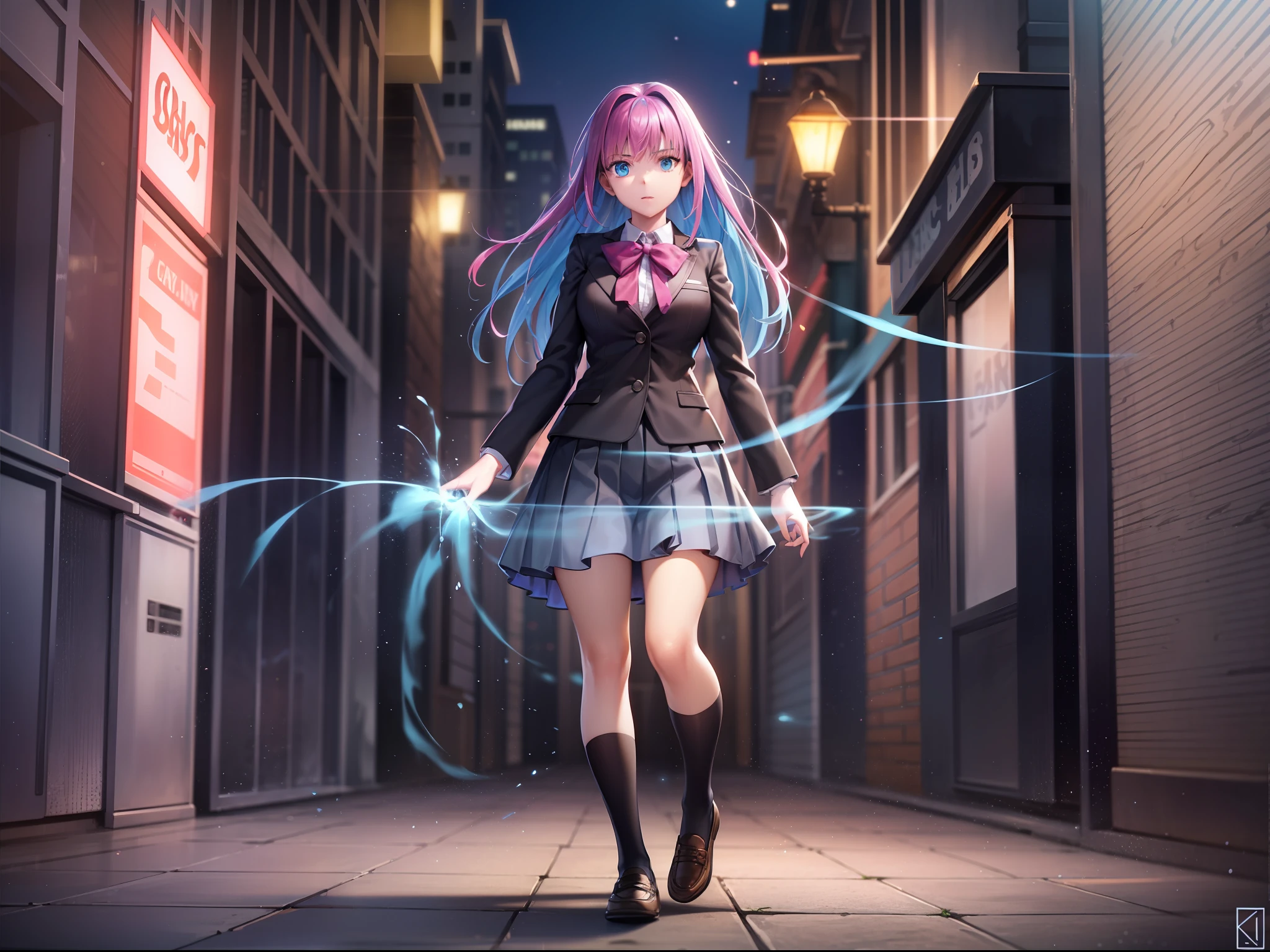 （Digital artwork：1.3），（a sketch：1.1）（（Octane rendering）），City Street，High-rise tail alley，（Girl magician，JK school uniform），（（Blue braids）），（（A huge glowing magic array under your feet）），（（Complex luminous runes）），Realistic digital painting portrait，shot at 8k resolution，Gasoline liquid，color pastel，splashart，Magical universe of pink and blue and purple，Lithography in intricate details，（light particules：1.2），（game concept：1.3），（deep of field:1.3),Global illumination,with rich details,Trends on ArtStation，（（illustrious）），ultra fine，16K resolution