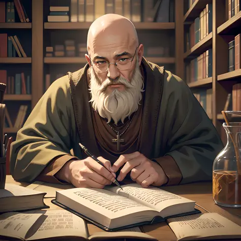 very old wizard, alchemy, looking at book, old medieval painting, smoke, lots of detail, cluttered room, lamp, dark room, detail...