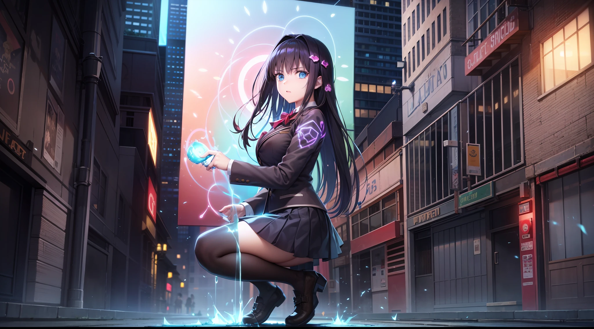 （Digital artwork：1.3），（a sketch：1.1）（（Octane rendering）），City Street，High-rise tail alley，（Girl magician，JK school uniform），（（Blue braids）），（（A huge glowing magic array under your feet）），（（Complex luminous runes）），Realistic digital painting portrait，shot at 8k resolution，Gasoline liquid，color pastel，splashart，Magical universe of pink and blue and purple，Lithography in intricate details，（light particules：1.2），（game concept：1.3），（deep of field:1.3),Global illumination,with rich details,Trends on ArtStation，（（illustrious）），ultra fine，16K resolution