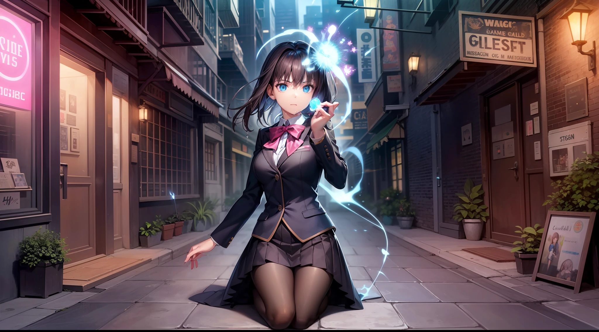 （Digital artwork：1.3），（a sketch：1.1）（（Octane rendering）），City Street，High-rise tail alley，（Girl magician，JK school uniform），（（Blue braids）），（（A huge glowing magic array under your feet）），（（Complex luminous runes）），Realistic digital painting portrait，shot at 8k resolution，Gasoline liquid，color pastel，splashart，Magical universe of pink and blue and purple，Lithography in intricate details，（light particules：1.2），（game concept：1.3），（deep of field:1.3),Global illumination,with rich details,Trends on ArtStation，（（illustrious）），ultra fine，16K resolution