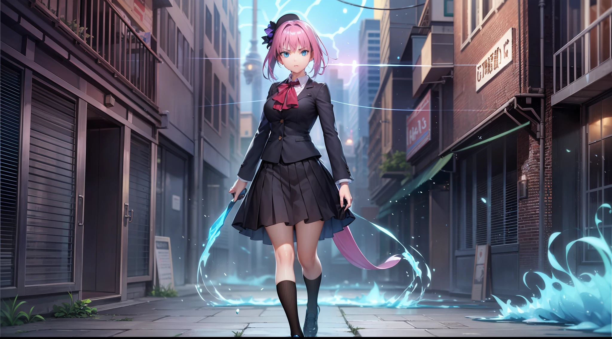 （Digital artwork：1.3），（a sketch：1.1）（（Octane rendering）），City Street，High-rise tail alley，（Girl magician，JK school uniform），（（Blue braids）），（（A huge glowing magic array under your feet）），（（Complex luminous runes）），Realistic digital painting portrait，shot at 8k resolution，Gasoline liquid，color pastel，splashart，Magical universe of pink and blue and purple，Lithography in intricate details，（light particules：1.2），（game concept：1.3），（deep of field:1.3),Global illumination,with rich details,Trends on ArtStation，（（illustrious）），ultra fine，16K resolution