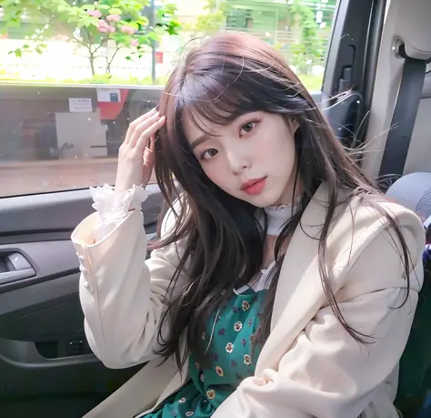 araki woman sitting in the car，hair tied in a ponytail, urzan, bae suzy, sakimichan, korean girl, she has black hair，hair bangs,...