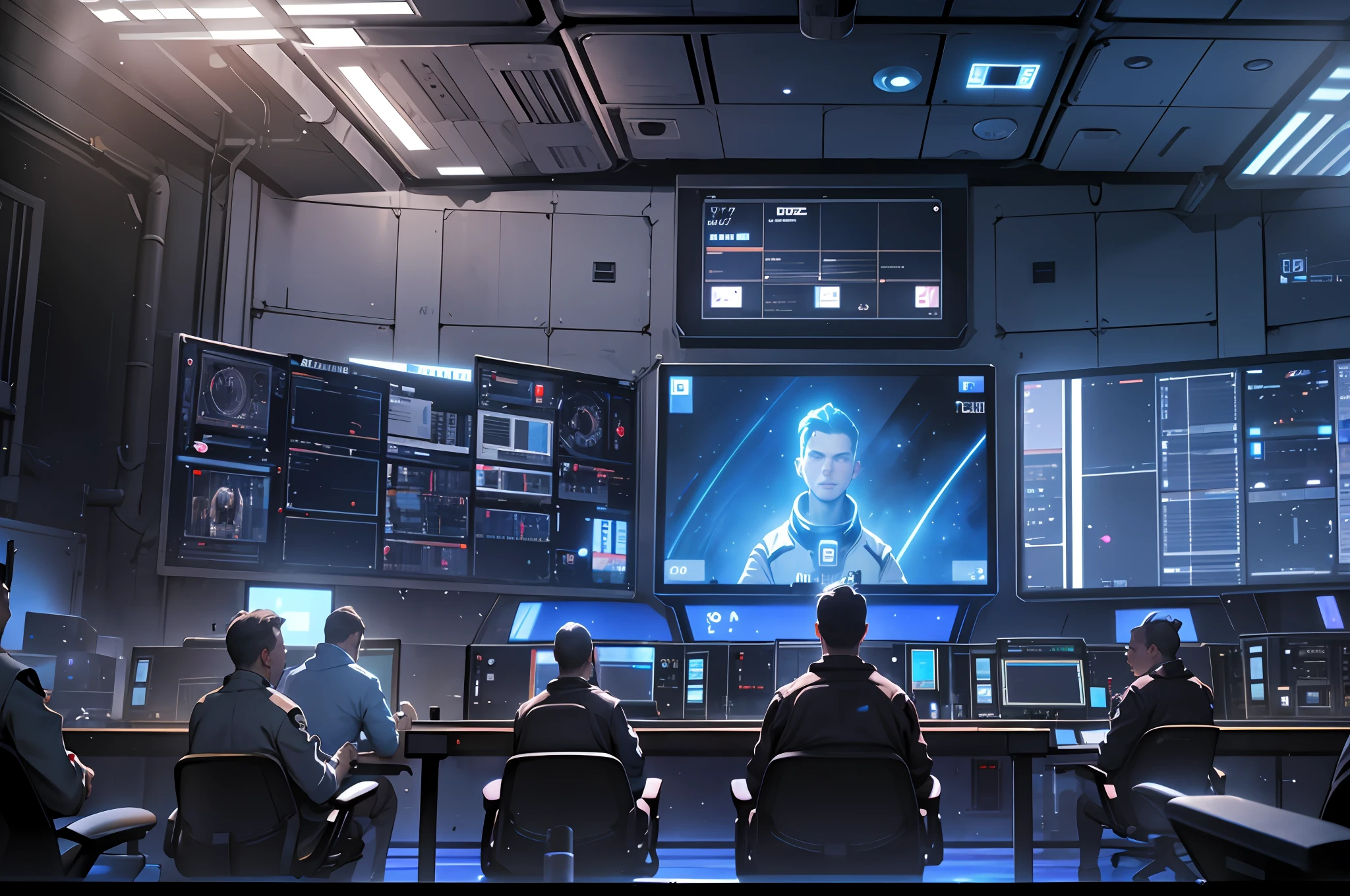 Sala de controle espacial, sala de controle, muitas telas, telas com luz azul, muita tripulação, todo mundo aplaude, Realismo, Alto detalhe, iluminação cinematográfica, iluminação legal, fechar-se, Realismo, Ultra HD, Alto detalhe, super detalhe --auto --s2