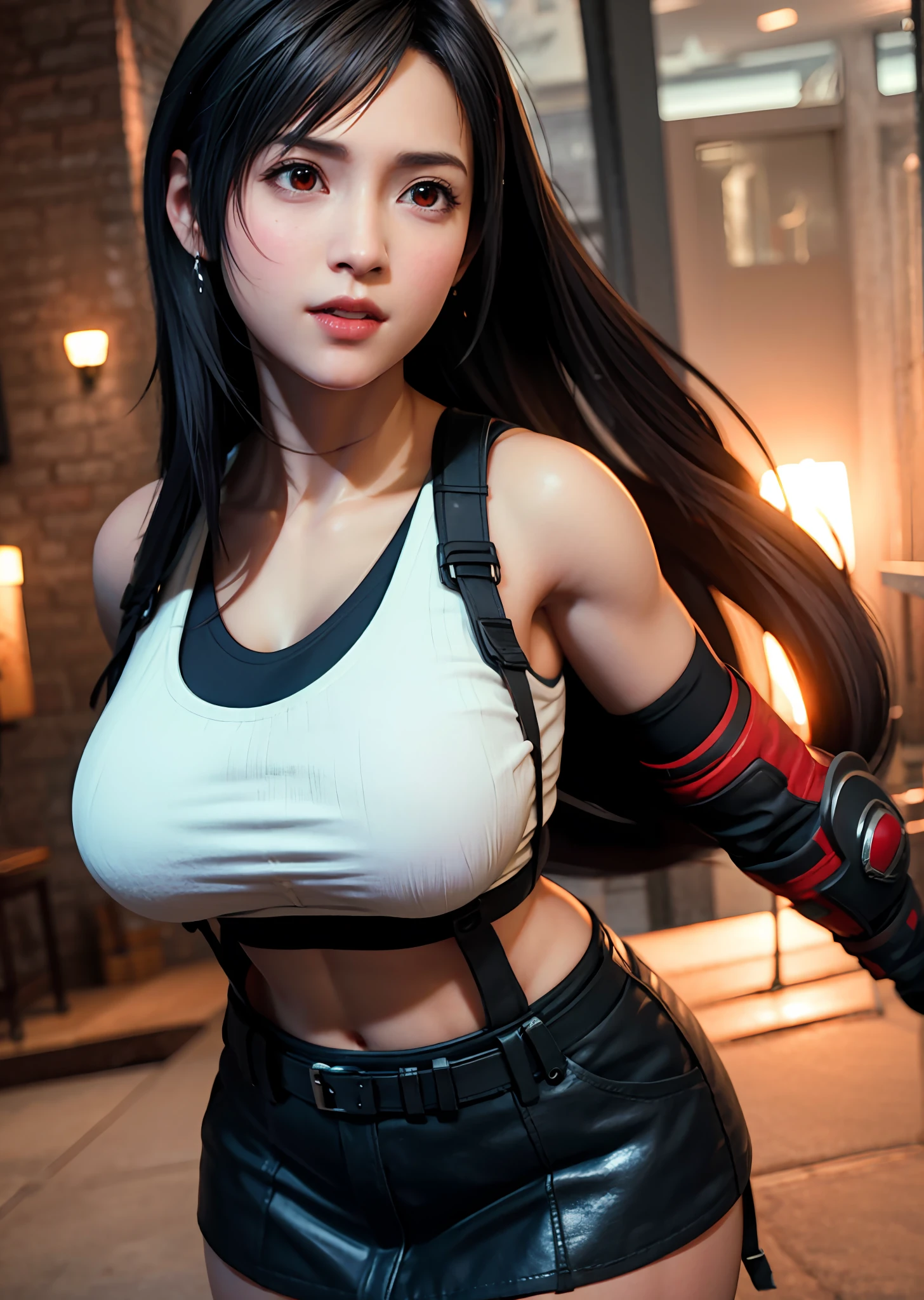 (Photorealistic: 1.4), top quality, very delicate and beautiful, high resolution, 1girl, tifa_lockhart, smile, cowboy shot, suspenders, low rise, mini skirt, tank top, tense shirt, black hair, long hair, elbow gloves, beautiful detailed red eyes, face light, movie lighting, navel, high exposure, abdomen exposure, ribs, abs, ( gigantic breasts: 1.2), dynamic poses, dynamic angles,