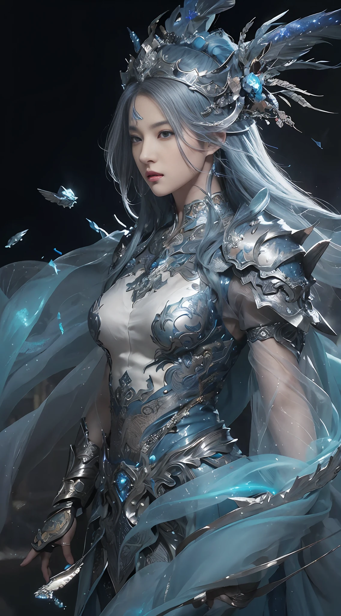 a close up of a woman in a blue dress with a feathered headpiece, detailed fantasy art, epic exquisite character art, 2. 5 d cgi anime fantasy artwork, stunning character art, 4k fantasy art, pale blue armor, highly detailed fantasy art, detailed fantasy digital art, clothed in ethereal armor, fantasy art style, beautiful armor, beautiful fantasy art