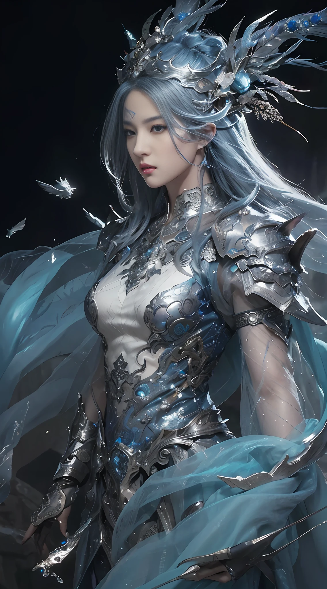 a close up of a woman in a blue dress with a feathered headpiece, detailed fantasy art, epic exquisite character art, 2. 5 d cgi anime fantasy artwork, stunning character art, 4k fantasy art, pale blue armor, highly detailed fantasy art, detailed fantasy digital art, clothed in ethereal armor, fantasy art style, beautiful armor, beautiful fantasy art