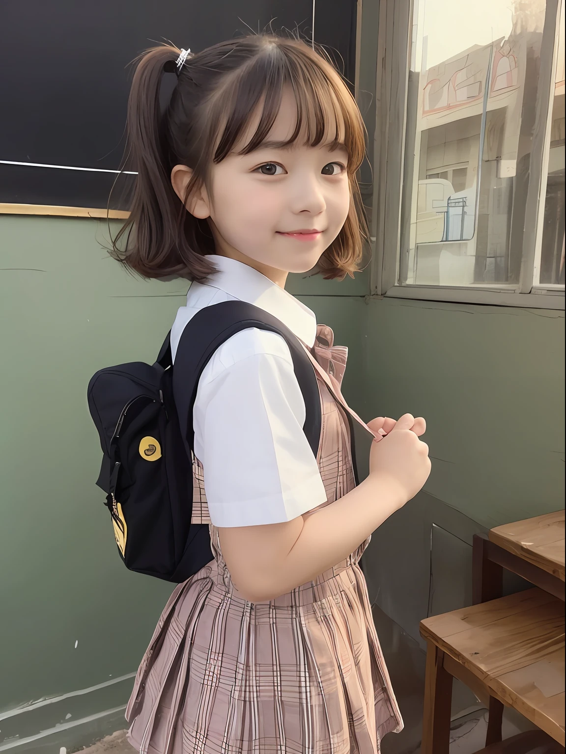 Masterpiece, top quality, portrait of one girl, elementary school girl, wearing school bag