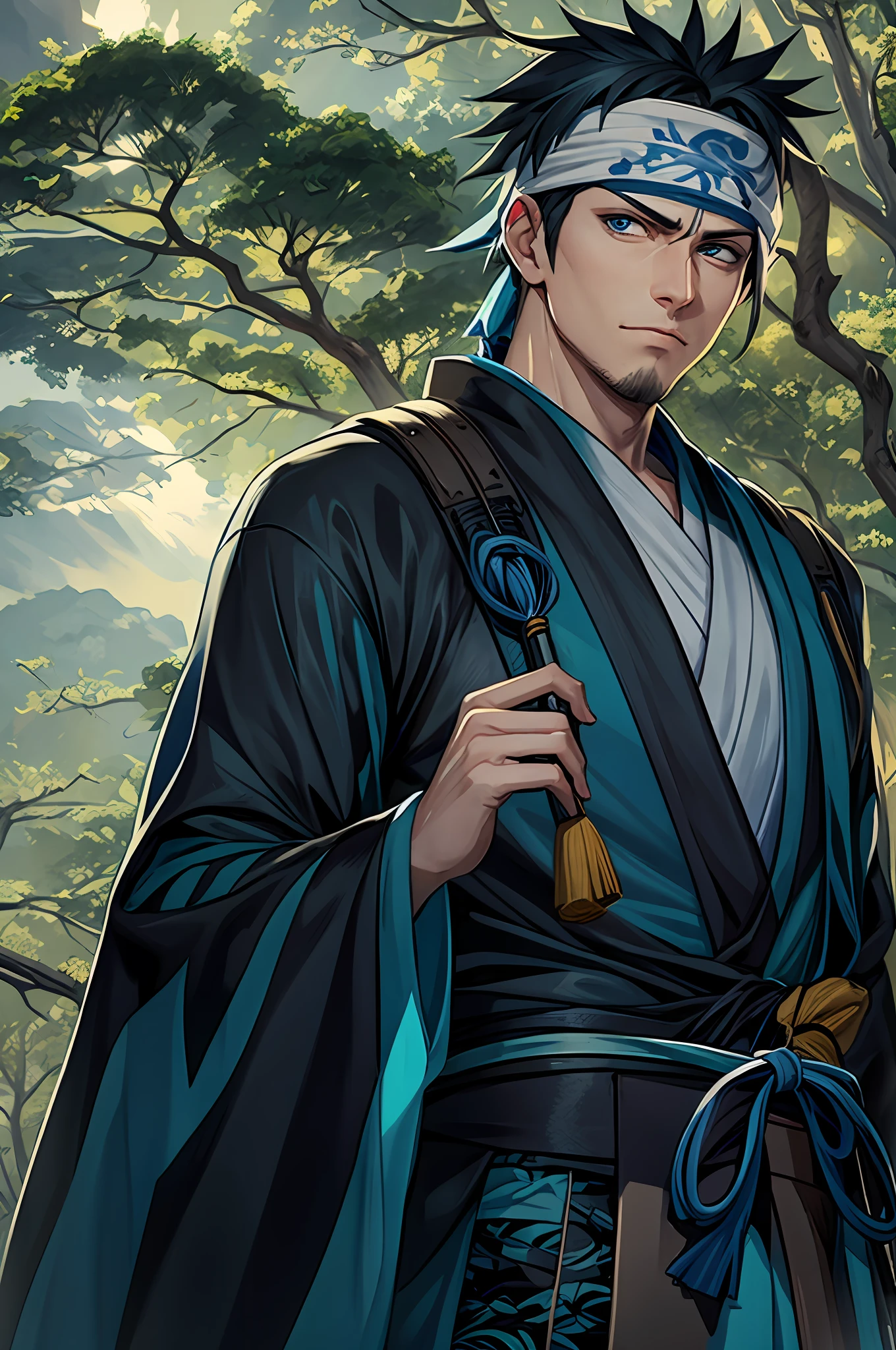 Masterpiece artwork, best qualityer, ultra detali, illustation, hatake Kakashi, a man with white hair and black eyes, looks at the camera with a serious look on his face., blue kimono, blue outfit, Bandana on forehead