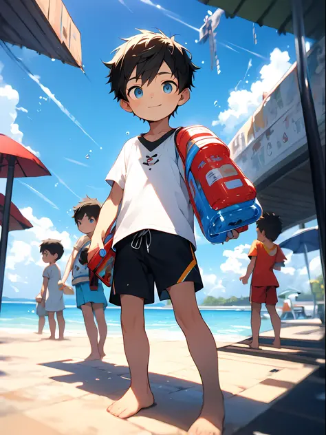Shota，black color hair，toddlers，Blue eyes， Q version， Cutes， to stand， Master masterpieces， high resolucion，8K，detailedbackgroun...