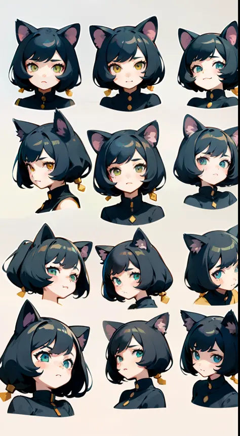 cute  girls、Emoticon pack、9 emojis、emoji sheet、Multiple poses and expressions、anthropomorphic style、Black strokes、different emotions、Multiple Poses and Expression、cat ear、ponie tail、white backdrop