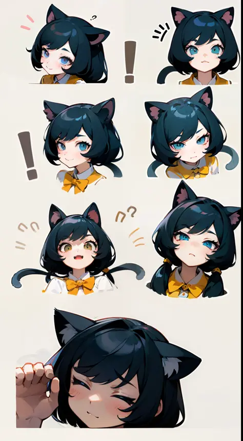 cute  girls、Emoticon pack、9 emojis、emoji sheet、Multiple poses and expressions、anthropomorphic style、Black strokes、different emotions、Multiple Poses and Expression、cat ear、ponie tail、white backdrop