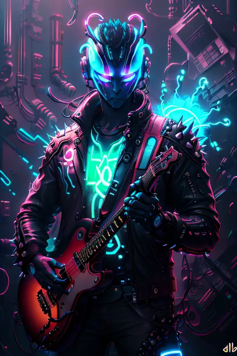 A ((neon)) blue alien punk with spiky hair and a leather jacket, holding a guitar in one hand and a ((glowing)) energy drink in ...