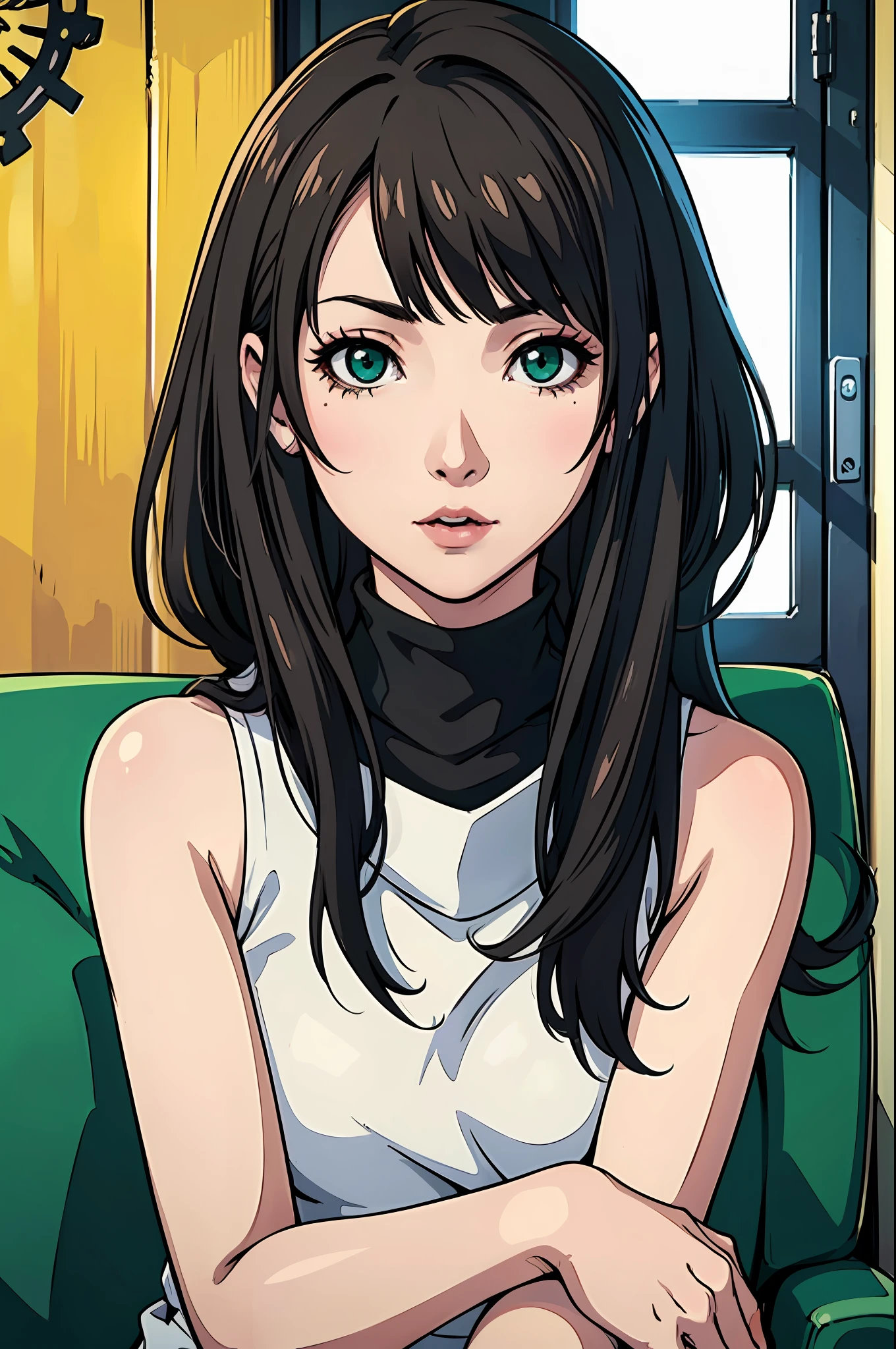 (masterpiece), best quality, beautiful detailed hair detailed face, girl, solo, close-up portrait, narrow perspective, perfect feminine face, very stunning woman, (black turtleneck:1.3), sitting on the couch, chesnut brown hair, green eyes, by akira yasuda, george, kamitani sakimichan