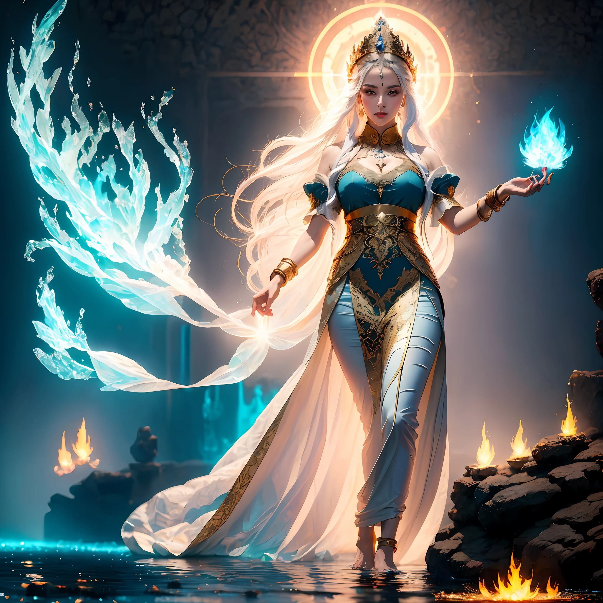 A woman in bizarre costume holding a fiery wand，Full close-up, Standing barefoot in a disc on the watere in the hands，A circle of fire is raging around the body，Mysterious red flame，The background is the world of ice，It's all castles made of ice，A house built with ice，Endless icicles，Wacky ice building，Dark blue light，Spooky atmosphere，Towering spireysterious atmosphere，Art germ on ArtStation Pixiv, Goddess of Light, IG model | Art germ, anime goddess, beautiful celestial mage, white haired deity, cushart krenz key art feminine, a beautiful fantasy empress, concept arts | Art germ, Artgerm style