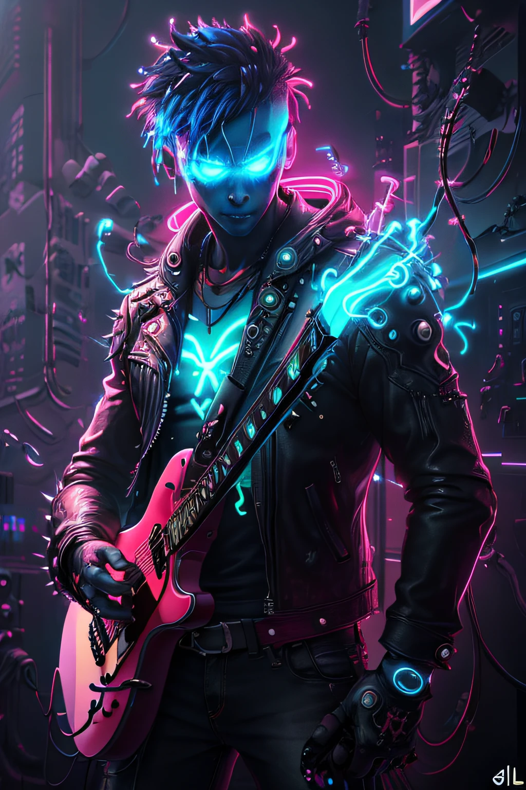 A ((氖)) 头发尖尖、穿着皮夹克的蓝色外星朋克, 一只手拿着吉他，一只手拿着 ((发光)) 另一边是能量饮料, BlueAP 风格, 实际的,