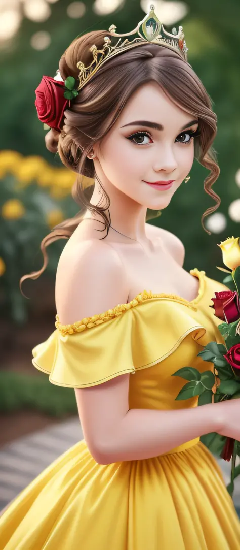 (Bell Wife: 1), surprised, cute, cute pose, look at the viewer, (yellow dress: 1.2), :D (hair bun, tiara), curvaceous, (holding ...