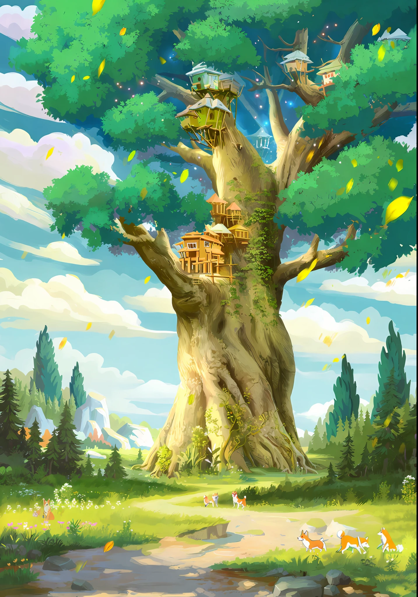 there is a tree house in the middle of a field, made of tree and fantasy valley, high detailed official artwork, a beautiful artwork illustration, tree town, tree house, bonsai tree house, anime countryside landscape, 2. 5 D CGI anime fantasy artwork, background artwork, Anime landscape concept art, highly detailed scene, tree house, concept art highly detailed, Fantasy Tree