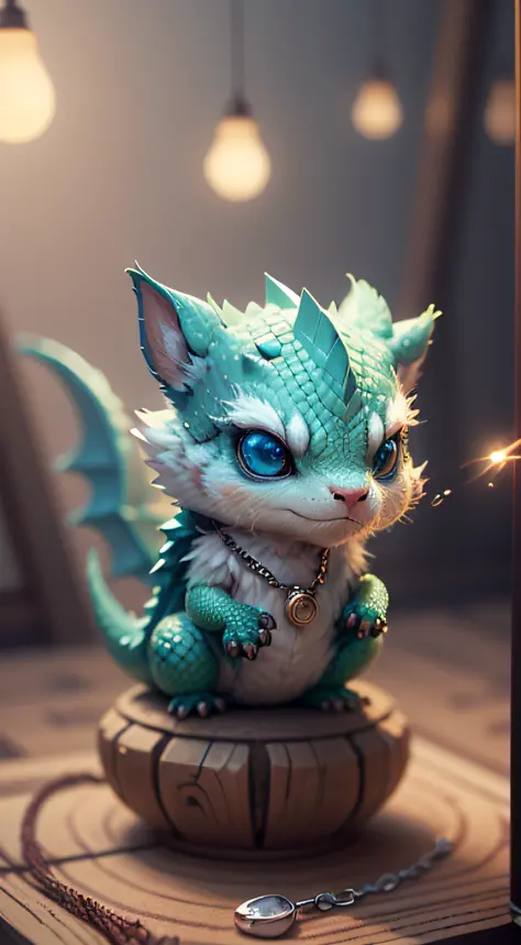 Gorgeous tiny hyperrealistic dragon with realistic eyes and bright different colors taking care of a necklace, Chibi, adorable a...