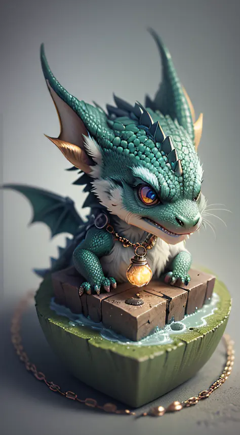 Gorgeous tiny hyperrealistic dragon with realistic eyes and bright different colors taking care of a necklace, Chibi, adorable a...