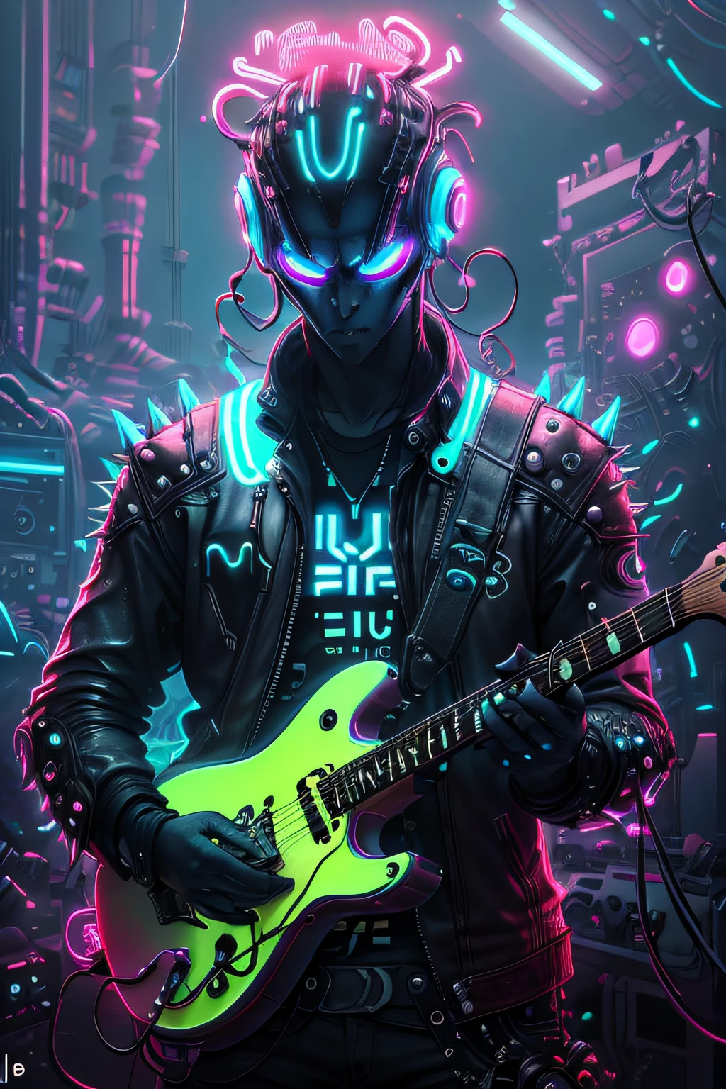 A ((neon)) blue alien punk with spiky hair and a leather jacket, holding a guitar in one hand and a ((glowing)) energy drink in the other, in the style of BlueAP, realistic,