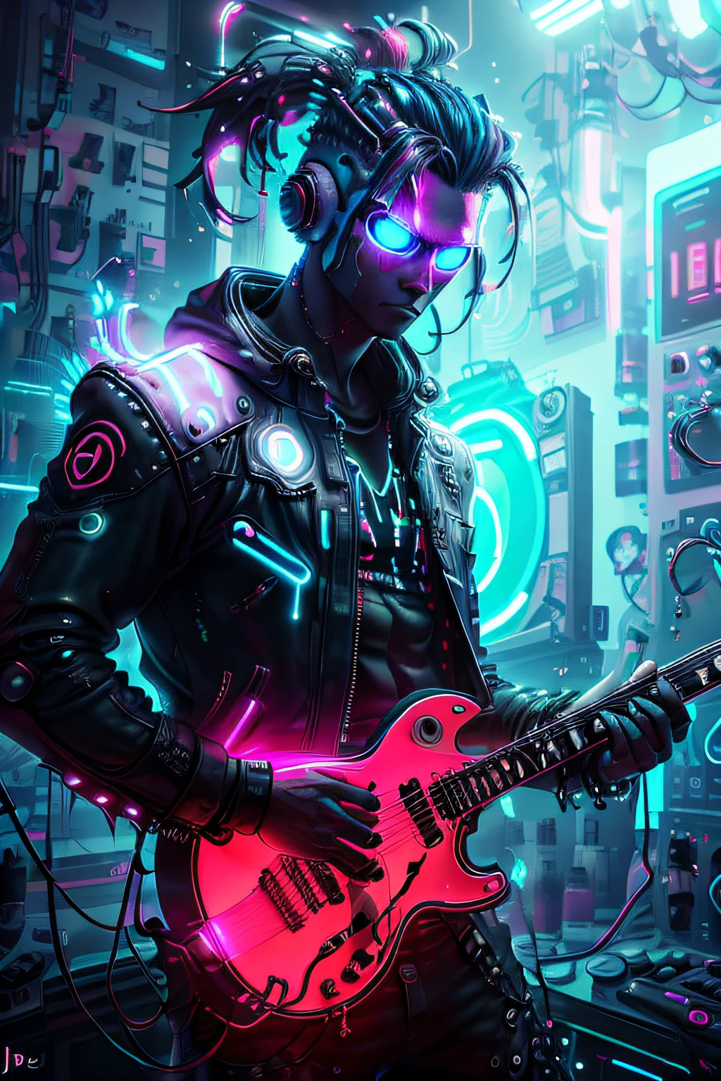 A ((neon)) blue alien punk with spiky hair and a leather jacket, holding a guitar in one hand and a ((glowing)) energy drink in the other, in the style of BlueAP, realistic,