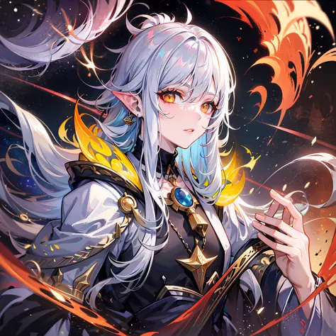 Silvery hair，Pale yellow eyes，Libido boy，White simple robe，God of the space，the god of chaos，Space elements，Eyes gaze，Pay attention to detail，HighestQuali，Handsome