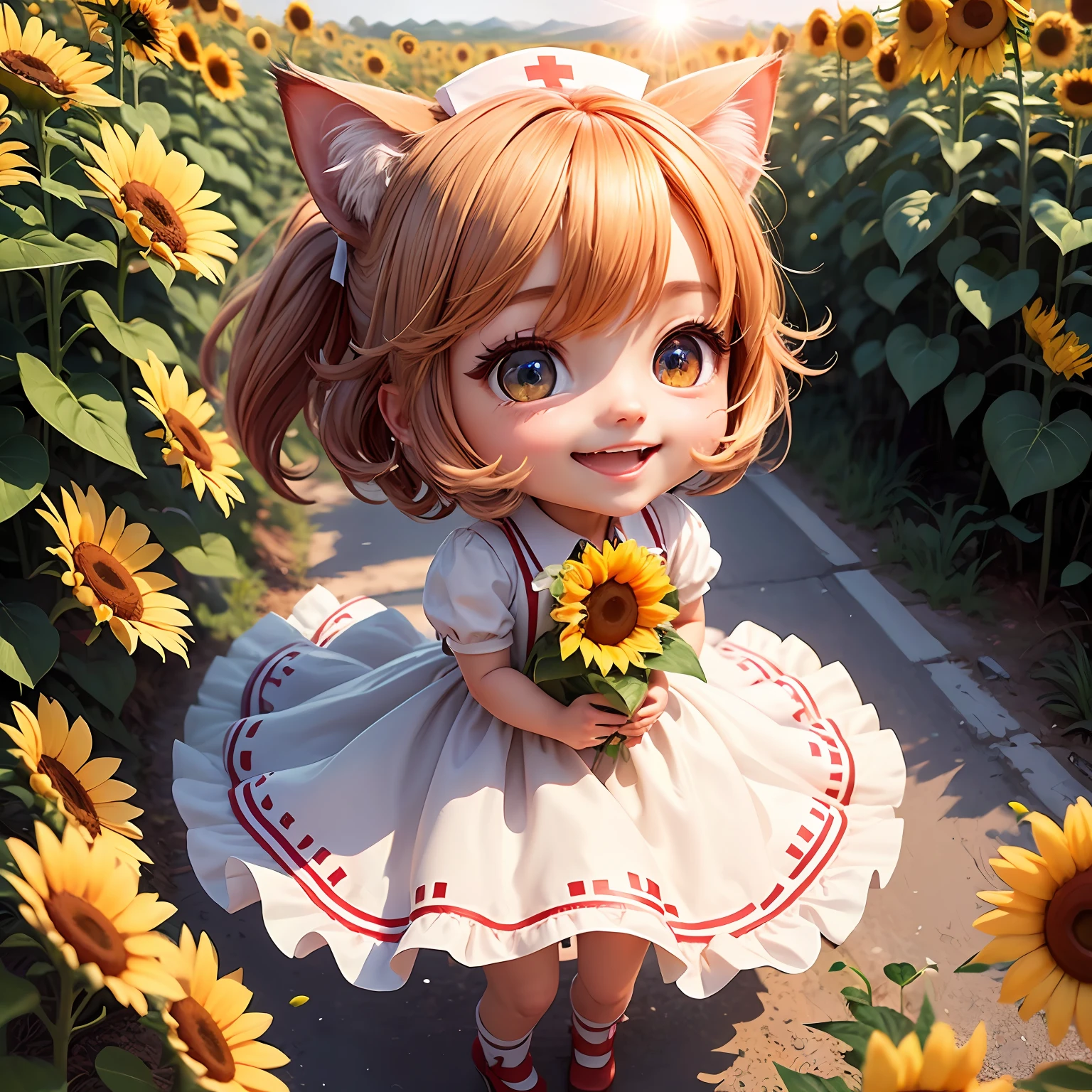 A masterpice、best  quality、ultra detaild、One Cat Girl、Chibi Chara、nurse outfit、smile on face、Open one's mouth、Sun flower、full bloom、Sunflower field、the sun、natsu、wide、Shot from above、Jumpy、The wind is blowing、sund、Beautiful eyes、pretty hair