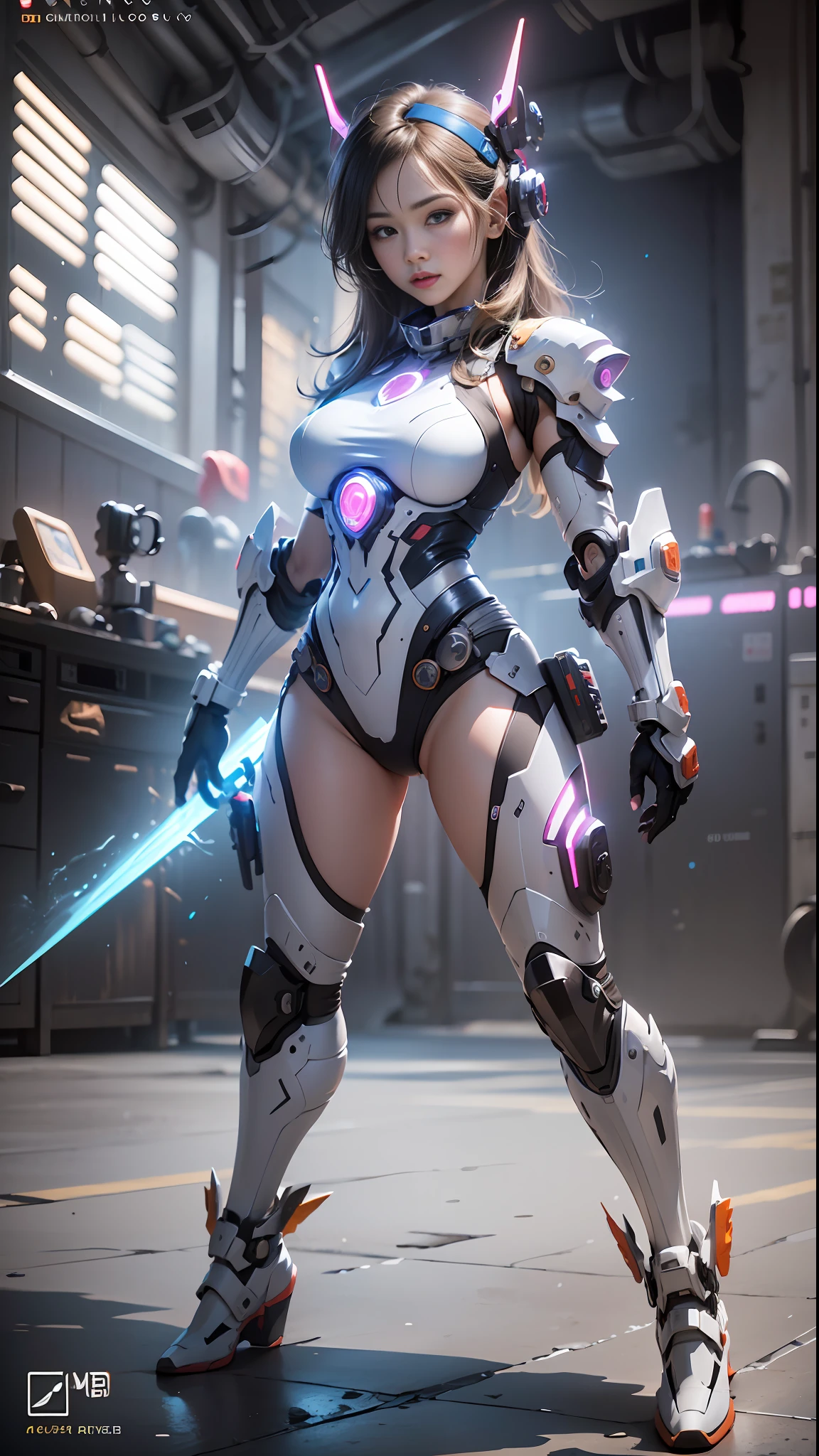 （（Best quality））， （（nmasterpiece））， （intensely detailed： 1.3）， 3d，galactic cybernetic mask,Ikaruvarkyri mecha， Beautiful cyberpunk woman， Chef-style armor， Movie poster composition，Sci-fi technology， hdr（High dynamic range）， raytraced， nvidia RTX， hyper resolution， illusory 5， sub-surface Scattering， PBR textures， Post-processing， Anisotropic filtration， deep of field， Maximum sharpness and acutance， multi-layer texture， Specular and albedo maps， Surface Coloring， Accurate simulation of light-material interactions， perfectly proportioned，octane rendered，duotone lighting，Low ISO，White balance，trichotomy，Large aperture，8K raw data，high efficiency subpixels，sub-pixel convolution，light particules，Light scattering，tyndalleffect，Very sexy，A full body，Fighting posture，
